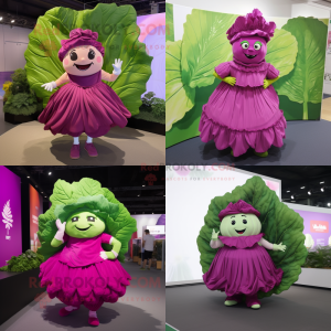 Magenta Cabbage leaf mascot costume character dressed with Pleated Skirt and Anklets