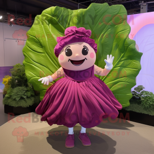 Magenta Cabbage leaf mascot costume character dressed with Pleated Skirt and Anklets