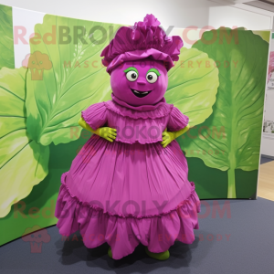 Magenta Cabbage leaf mascot costume character dressed with Pleated Skirt and Anklets