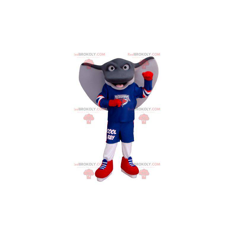 Gray and white giant ray mascot in sportswear - Redbrokoly.com