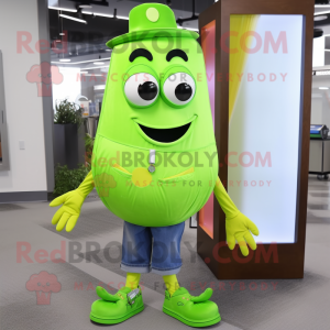 Lime Green Hourglass mascot costume character dressed with Boyfriend Jeans and Shoe clips