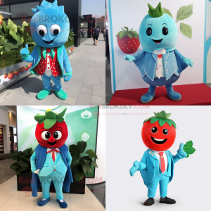 Turquoise Strawberry mascot costume character dressed with Suit Jacket and Scarf clips