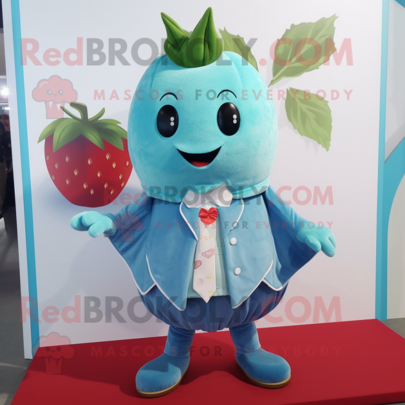 Turquoise Strawberry mascot costume character dressed with Suit Jacket and Scarf clips