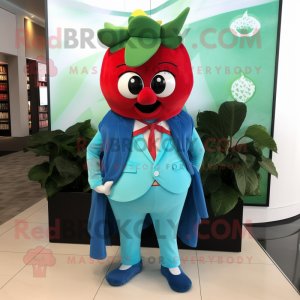 Turquoise Strawberry mascot costume character dressed with Suit Jacket and Scarf clips