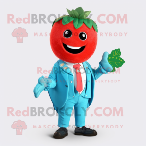 Turquoise Strawberry mascot costume character dressed with Suit Jacket and Scarf clips