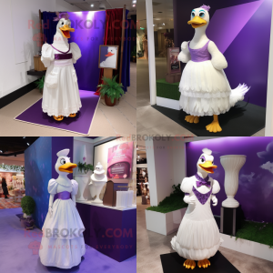 Purple Muscovy Duck mascot costume character dressed with Wedding Dress and Clutch bags