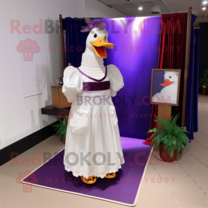 Purple Muscovy Duck mascot costume character dressed with Wedding Dress and Clutch bags