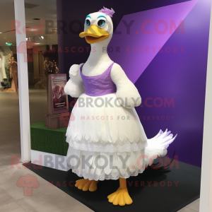 Purple Muscovy Duck mascot costume character dressed with Wedding Dress and Clutch bags