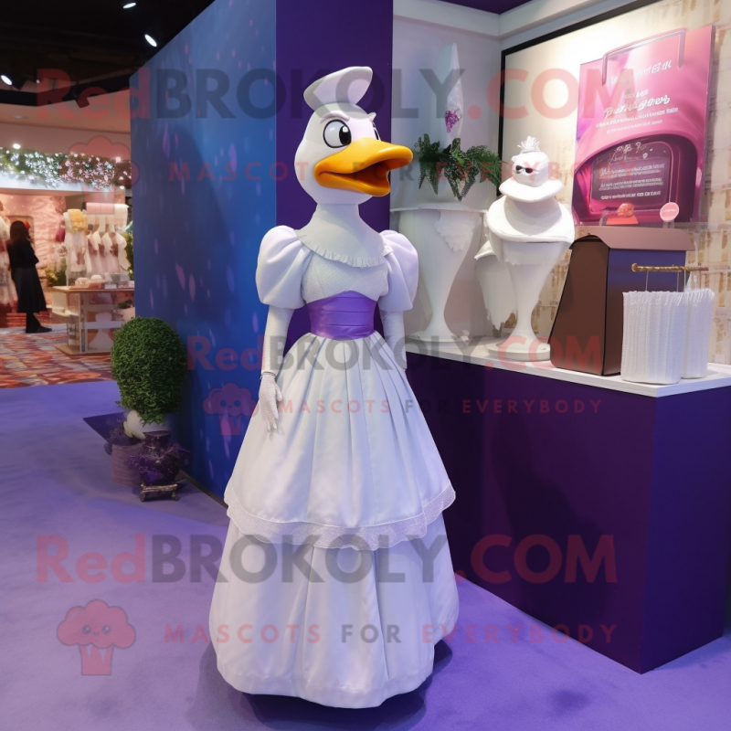 Purple Muscovy Duck mascot costume character dressed with Wedding Dress and Clutch bags