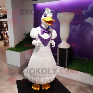 Purple Muscovy Duck mascot costume character dressed with Wedding Dress and Clutch bags
