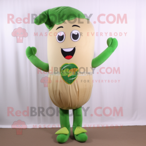 Beige green bean mascot costume character dressed with Leggings and Headbands