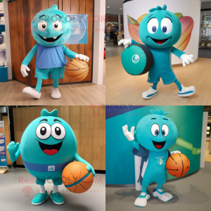 Teal handball ball mascot costume character dressed with Dress Pants and Tote bags