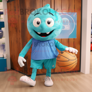 Teal handball ball mascot costume character dressed with Dress Pants and Tote bags