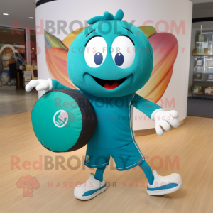 Teal handball ball mascot costume character dressed with Dress Pants and Tote bags
