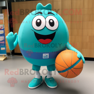 Teal handball ball mascot costume character dressed with Dress Pants and Tote bags