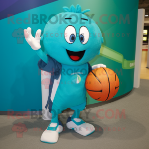 Teal handball ball mascot costume character dressed with Dress Pants and Tote bags