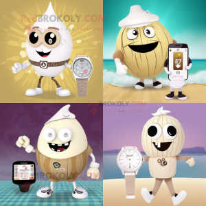 Beige Onion mascot costume character dressed with One-Piece Swimsuit and Digital watches