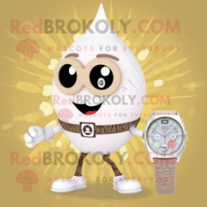 Beige Onion mascot costume character dressed with One-Piece Swimsuit and Digital watches