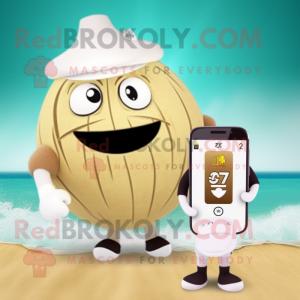 Beige Onion mascot costume character dressed with One-Piece Swimsuit and Digital watches