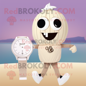 Beige Onion mascot costume character dressed with One-Piece Swimsuit and Digital watches