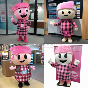 Pink Miso Soup mascot costume character dressed with Flannel Shirt and Headbands