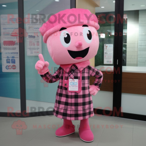 Pink Miso Soup mascot costume character dressed with Flannel Shirt and Headbands
