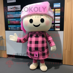 Pink Miso Soup mascot costume character dressed with Flannel Shirt and Headbands