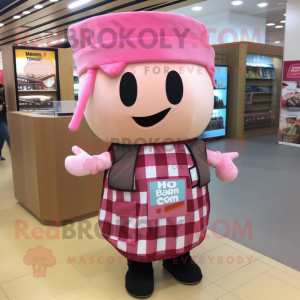 Pink Miso Soup mascot costume character dressed with Flannel Shirt and Headbands