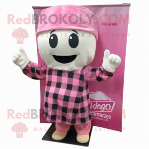 Pink Miso Soup mascot costume character dressed with Flannel Shirt and Headbands