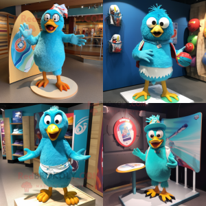 Turquoise Hens mascot costume character dressed with Board Shorts and Rings