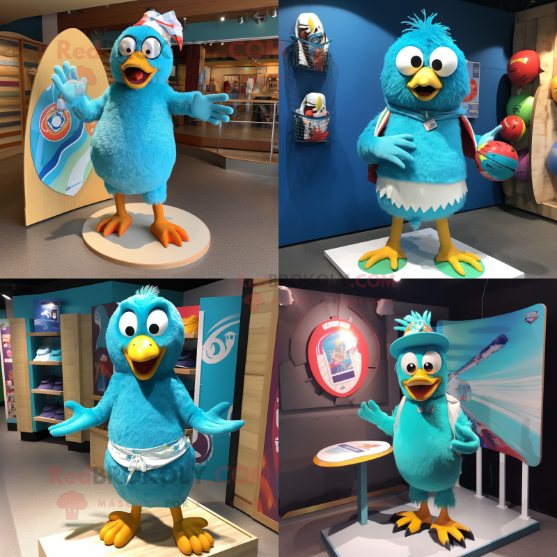 Turquoise Hens mascot costume character dressed with Board Shorts and Rings Turquoise Hens mascot costume character dressed with Board Shorts and Rings