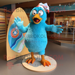 Turquoise Hens mascot costume character dressed with Board Shorts and Rings