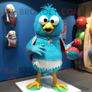 Turquoise Hens mascot costume character dressed with Board Shorts and Rings