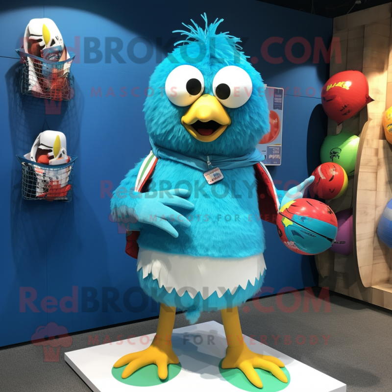 Turquoise Hens mascot costume character dressed with Board Shorts and Rings Turquoise Hens mascot costume character dressed with Board Shorts and Rings