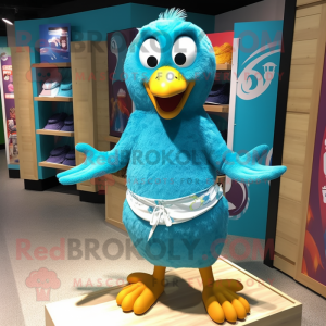 Turquoise Hens mascot costume character dressed with Board Shorts and Rings