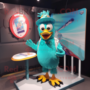 Turquoise Hens mascot costume character dressed with Board Shorts and Rings