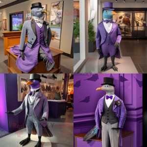 Purple passenger pigeon mascot costume character dressed with Tuxedo and Pocket squares