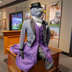 Purple passenger pigeon mascot costume character dressed with Tuxedo and Pocket squares