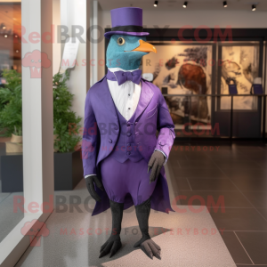 Purple passenger pigeon mascot costume character dressed with Tuxedo and Pocket squares