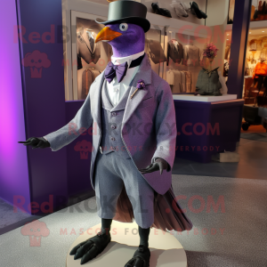 Purple passenger pigeon mascot costume character dressed with Tuxedo and Pocket squares