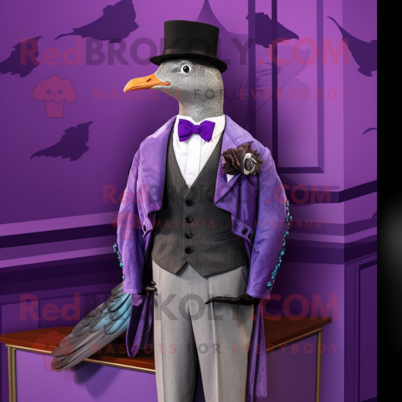 Purple passenger pigeon mascot costume character dressed with Tuxedo and Pocket squares