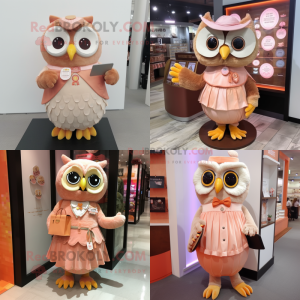 Peach Owl mascot costume character dressed with Pleated Skirt and Coin purses