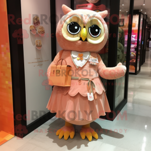 Peach Owl mascot costume character dressed with Pleated Skirt and Coin purses