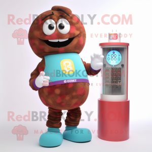 Rust gumball machine mascot costume character dressed with Sweater and Digital watches