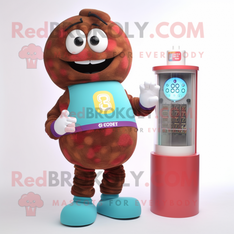 Rust gumball machine mascot costume character dressed with Sweater and Digital watches Rust gumball machine mascot costume character dressed with Sweater and Digital watches