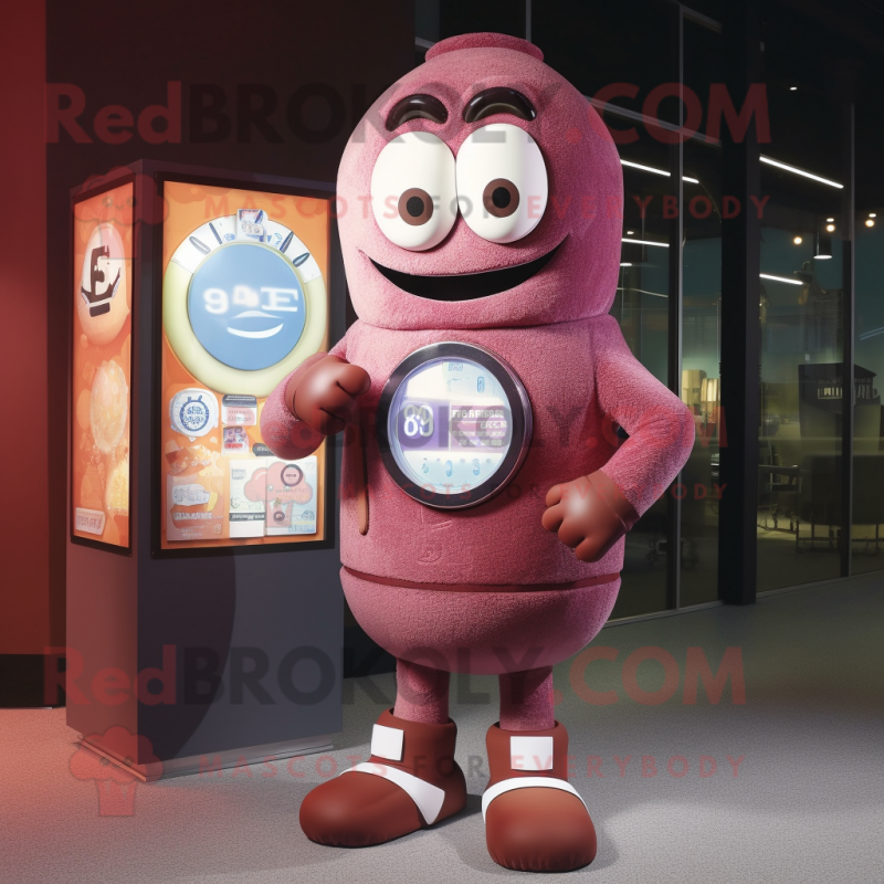 Rust gumball machine mascot costume character dressed with Sweater and Digital watches Rust gumball machine mascot costume character dressed with Sweater and Digital watches