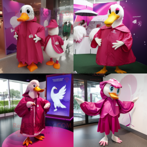 Magenta Swans mascot costume character dressed with Raincoat and Brooches