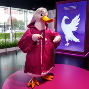 Magenta Swans mascot costume character dressed with Raincoat and Brooches