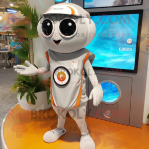 Silver Apricot mascot costume character dressed with Board Shorts and Smartwatches