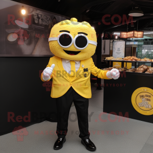 Yellow Dim Sum mascot costume character dressed with Suit Jacket and Cufflinks